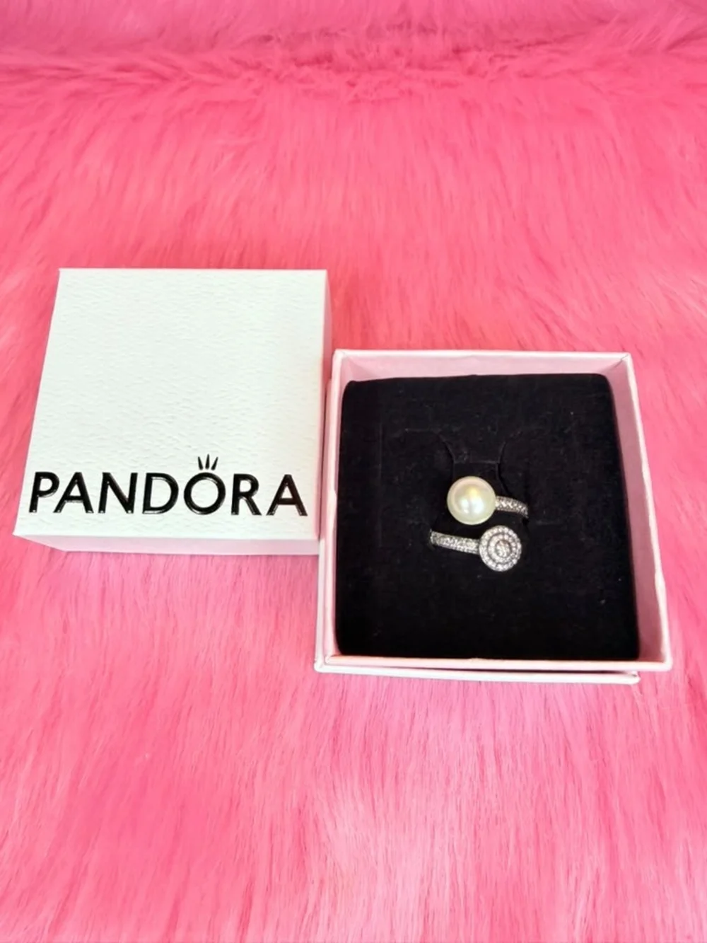 Pandora Silver Ring with White Pearl and Clear Stones